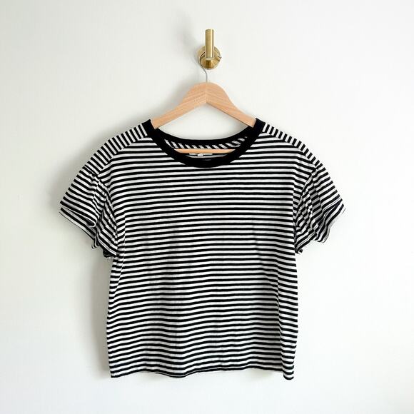 Madewell Ruffle-Sleeve Pullover Crew Neck Top Black/White XXS - Picture 3 of 10